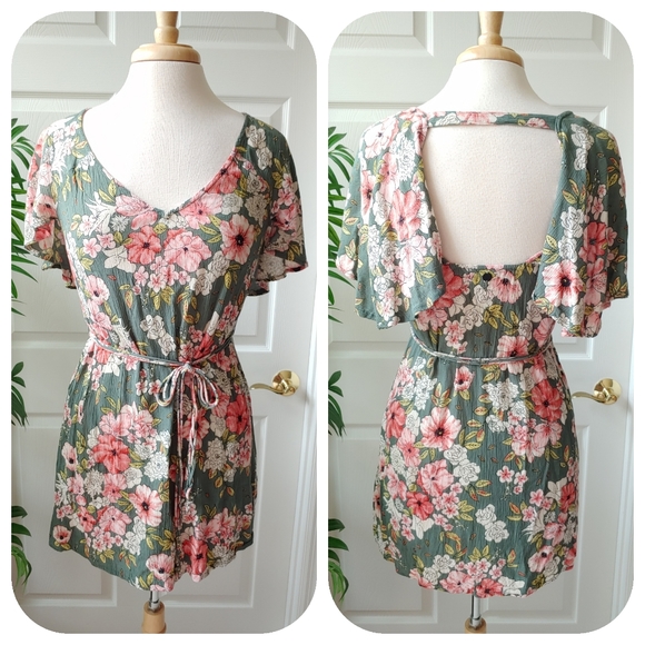 (SOLD) Billabong Shift Flutter Floral Backless Mini Dress Green XS - Picture 2 of 8